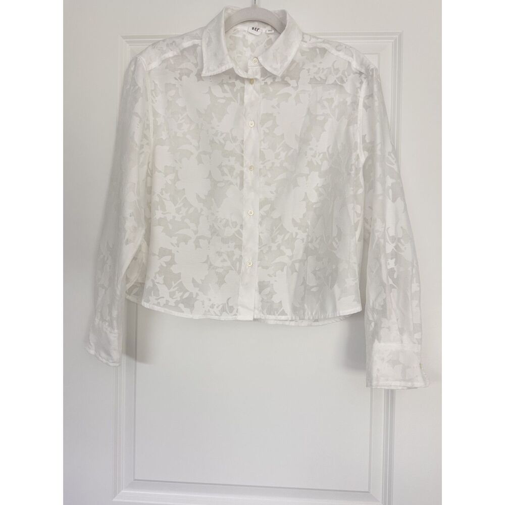 GAP White Floral Burnout Sheer Button Front Crop Shirt Blouse Women's Size S